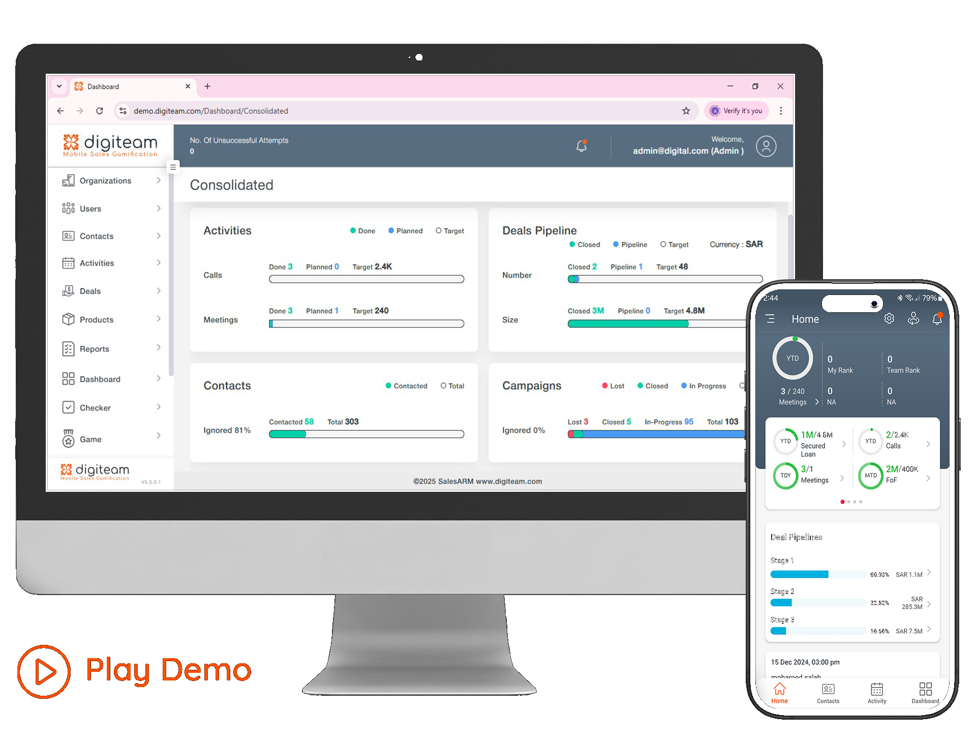 Digiteam desktop dashboard and mobile home screen