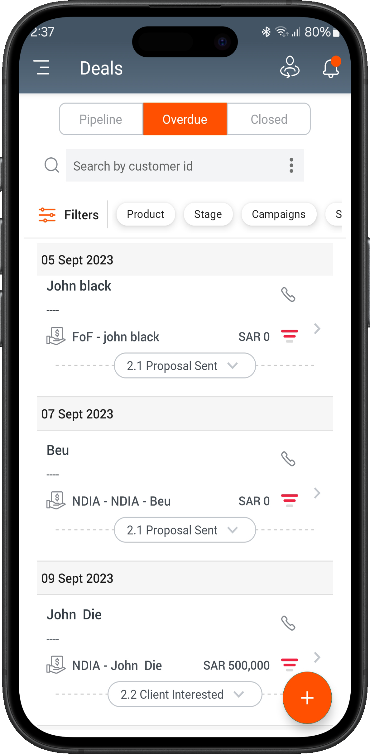 Deals list grouped by date